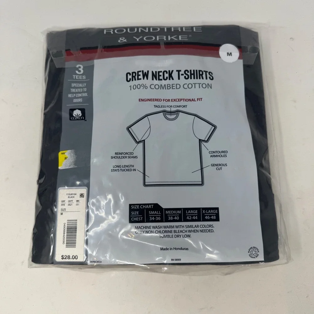 Roundtree & Yorke Mens 3 Pack Crew Neck T-Shirts Black‎ Medium 100% Cotton NEW
